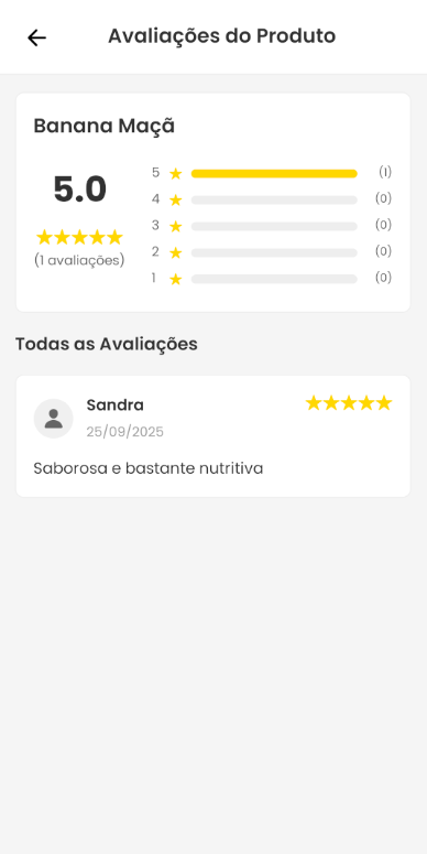 Tela de avaliações de banana maçã no HortaShop