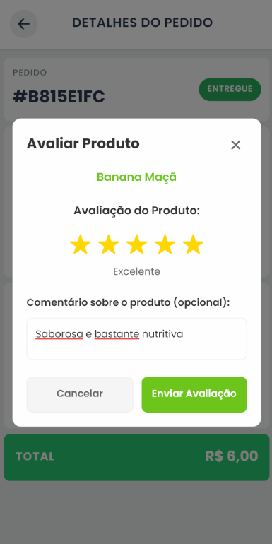 Avaliação de produtos no aplicativo HortaShop