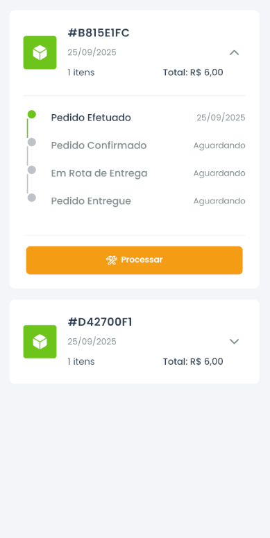 Tela de histórico de pedidos do vendedor no HortaShop